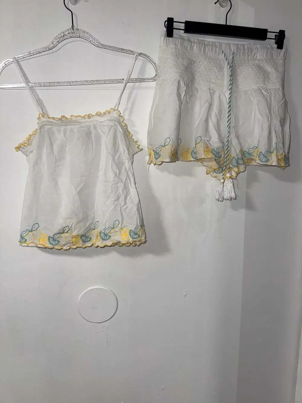 Joie White Lemon Embroidered Camisole Tank Top and Shorts Matching Set